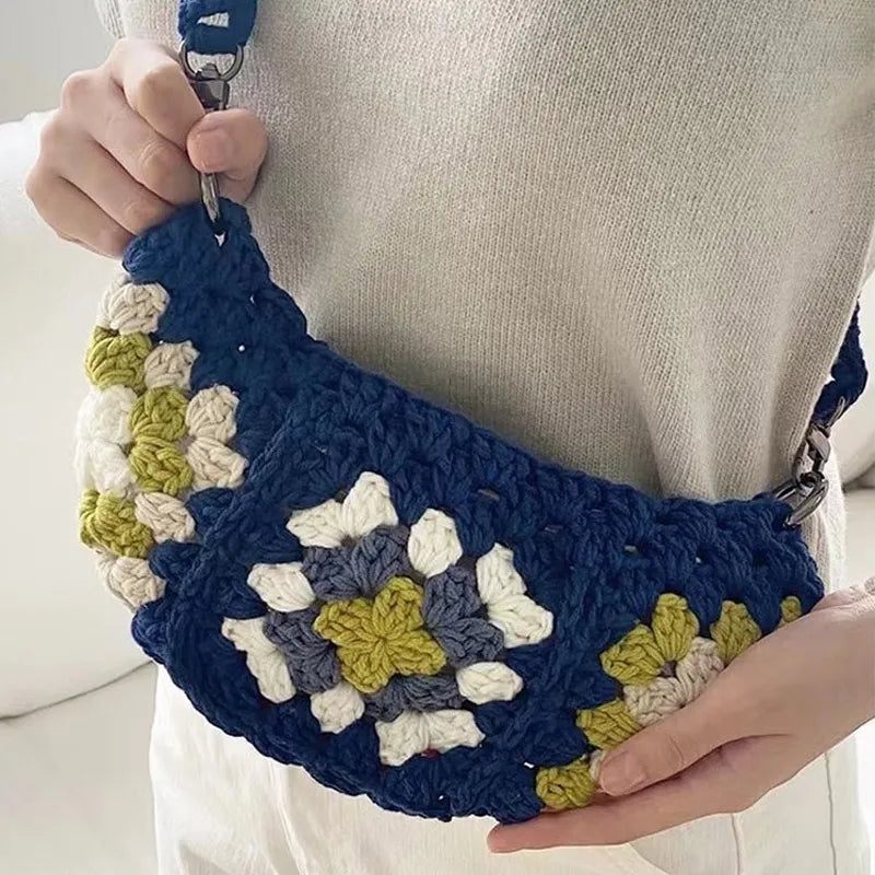 Bohemian Granny Square Crossbody Tasker Til Kvinder Designer Hæklede Skuldertasker Strikket Hobos Messenger Bag Små Telefonpunge - Blå