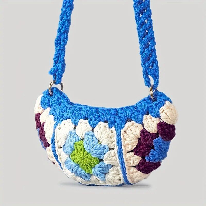 Bohemian Granny Square Crossbody Tasker Til Kvinder Designer Hæklede Skuldertasker Strikket Hobos Messenger Bag Små Telefonpunge - Blå