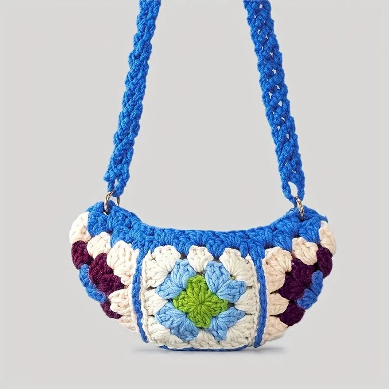 Bohemian Granny Square Crossbody Tasker Til Kvinder Designer Hæklede Skuldertasker Strikket Hobos Messenger Bag Små Telefonpunge - Blå