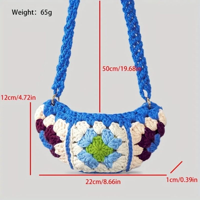 Bohemian Granny Square Crossbody Tasker Til Kvinder Designer Hæklede Skuldertasker Strikket Hobos Messenger Bag Små Telefonpunge - Blå