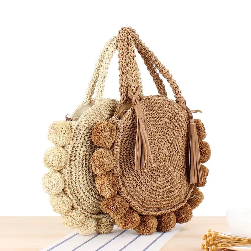 Bohemian Tassel Rattan Kvinder Håndtasker Vævet Crossbody Skuldertasker Designer Bold Sommer Strandpung - Beige