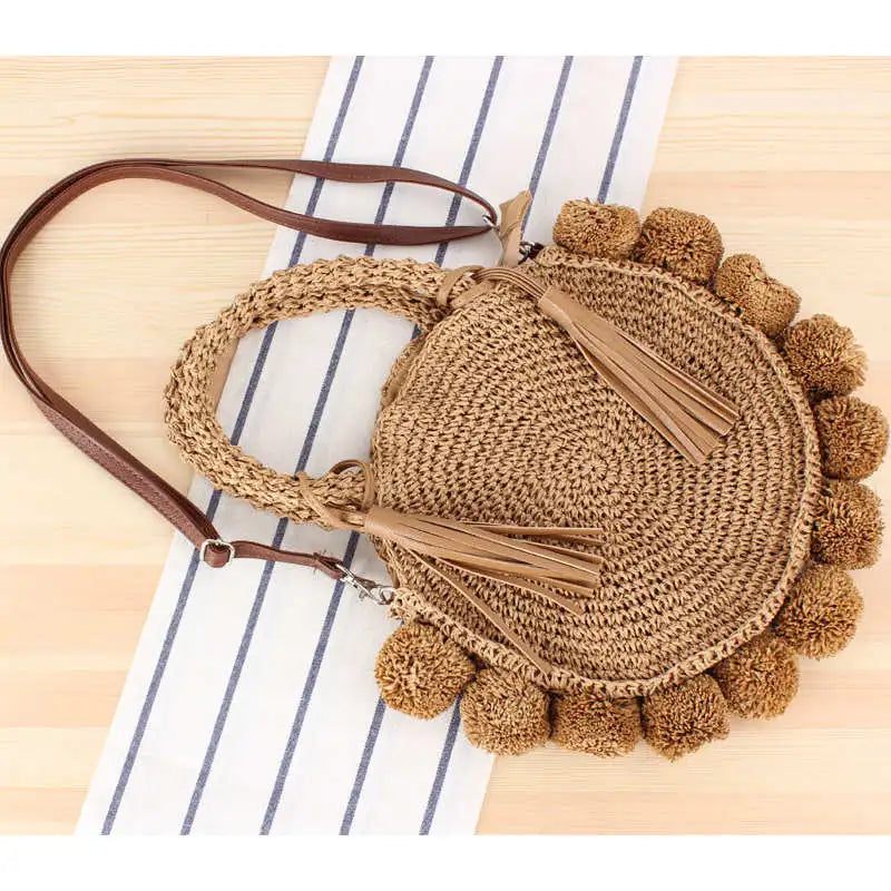 Bohemian Tassel Rattan Kvinder Håndtasker Vævet Crossbody Skuldertasker Designer Bold Sommer Strandpung - Beige