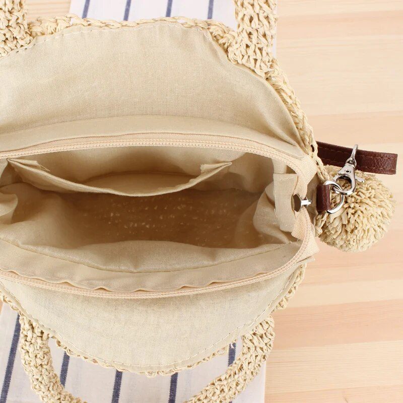 Bohemian Tassel Rattan Kvinder Håndtasker Vævet Crossbody Skuldertasker Designer Bold Sommer Strandpung - Beige