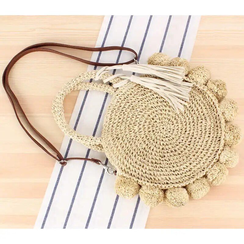 Bohemian Tassel Rattan Kvinder Håndtasker Vævet Crossbody Skuldertasker Designer Bold Sommer Strandpung - Beige