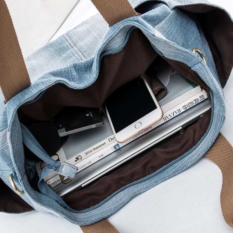 Luksus Tasker Til Kvinder Stor Kapacitet Håndtaske Denim Tote Bag Kvindelig Skuldertaske - Blå