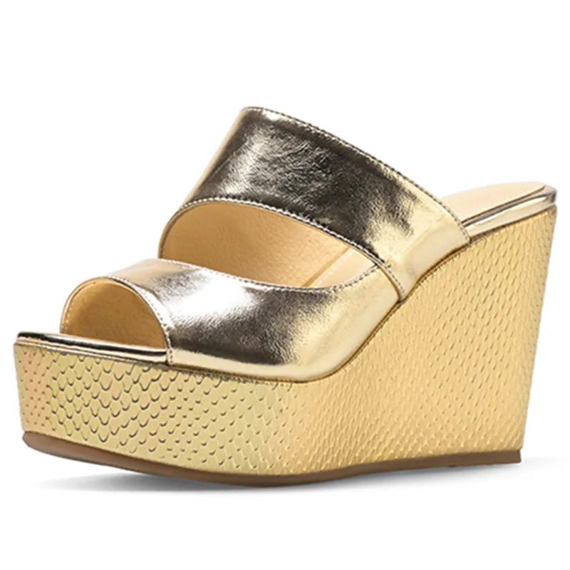 Ægte Læder Sommer Hjemmesko Kvinder Kiler Høje Hæle Street Style Dame Casual Platform Sko - Guld