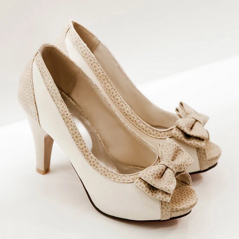 Dame Pumps Sko Højhælede Kjole Pump Peep Toe Sweet Bowtie Sko Kvinde - Beige