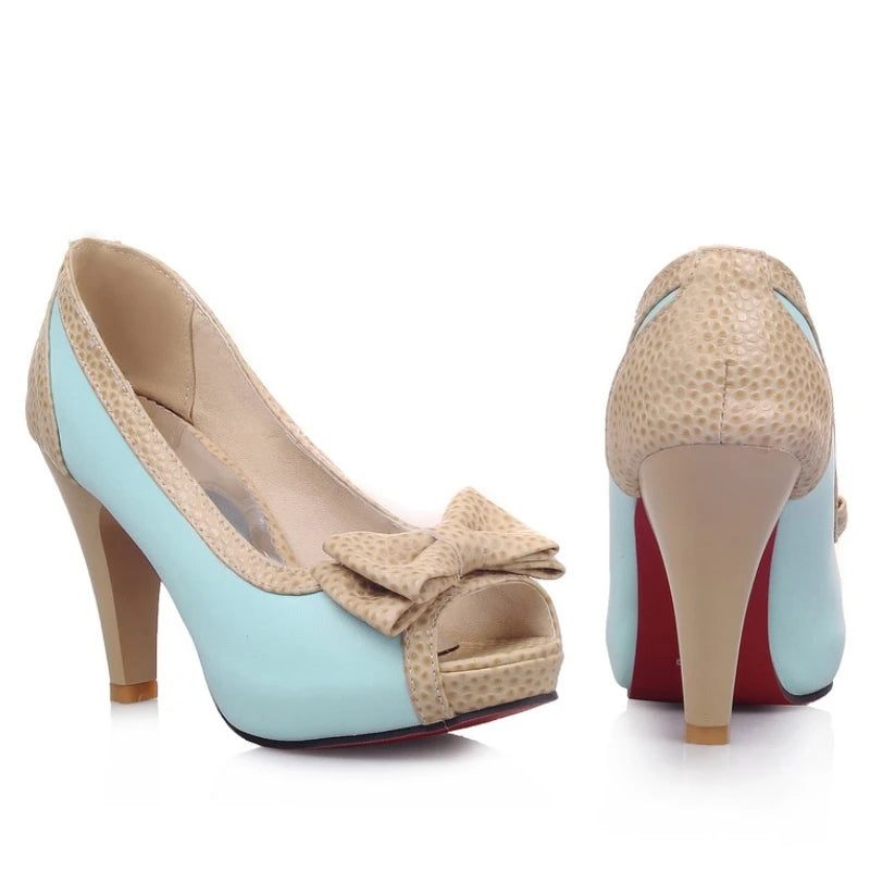 Dame Pumps Sko Højhælede Kjole Pump Peep Toe Sweet Bowtie Sko Kvinde - Beige