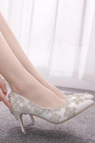 Damesko Højhælede Bryllup Tynd 7cm Hvid Diamant Glitrende Aftenkjole Bride Pumps