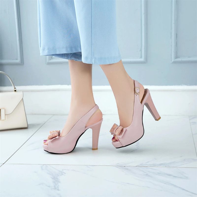 Kvinder Platform Høje Hæle Sommersløjfe Peep Toe Damer Sort Brud Bryllupssko Party Pumps - Pink