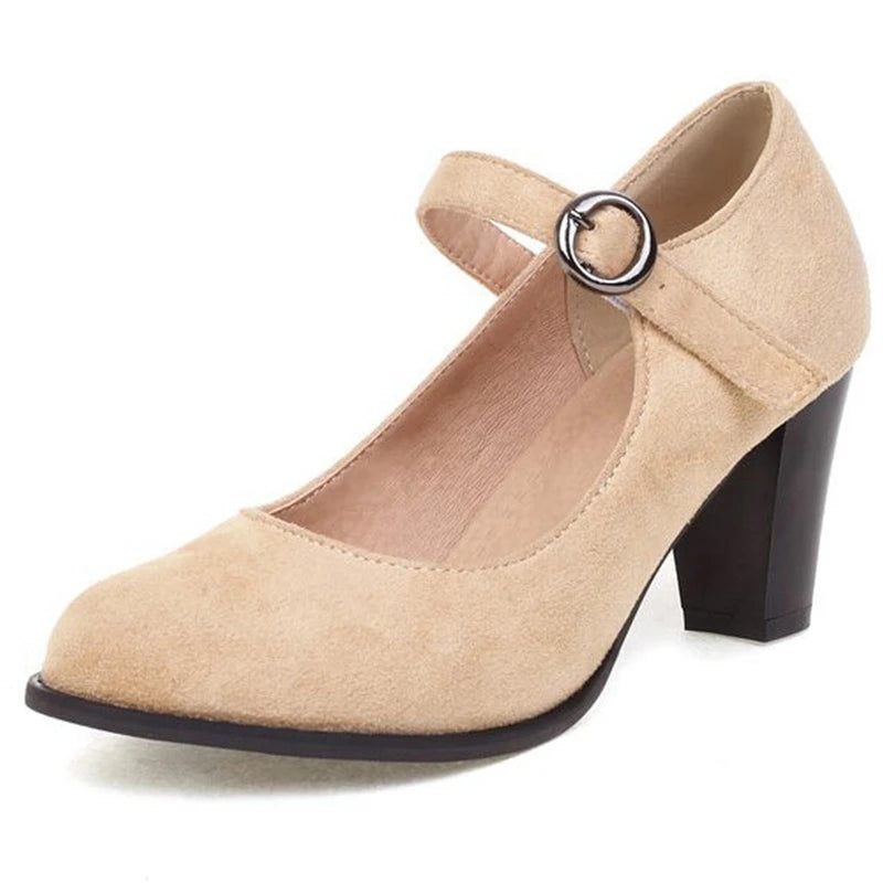 Kvinder Pumps Runde Tå Blok Hæle Flock Spænde Strap Elegant Solid - Beige