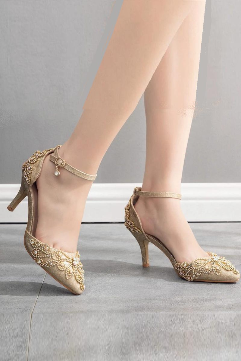 Kvinder Sko Bryllup Brude Glitter Fetish Stiletto Rhinestone Guld Pumps