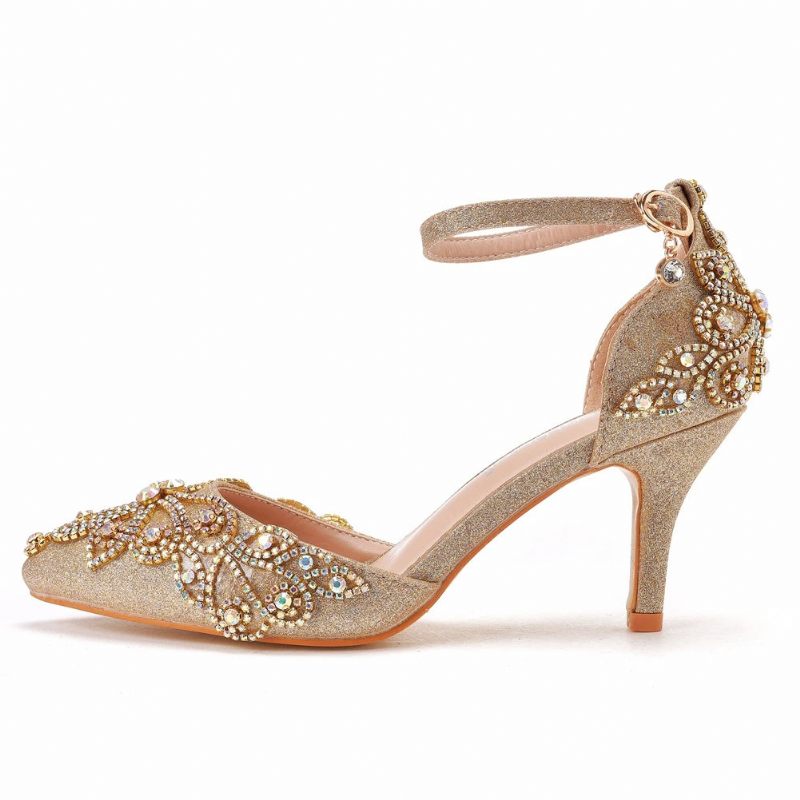 Kvinder Sko Bryllup Brude Glitter Fetish Stiletto Rhinestone Guld Pumps - Guld