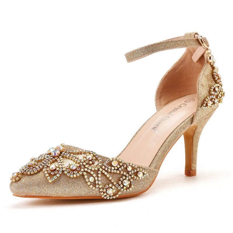 Kvinder Sko Bryllup Brude Glitter Fetish Stiletto Rhinestone Guld Pumps - Guld