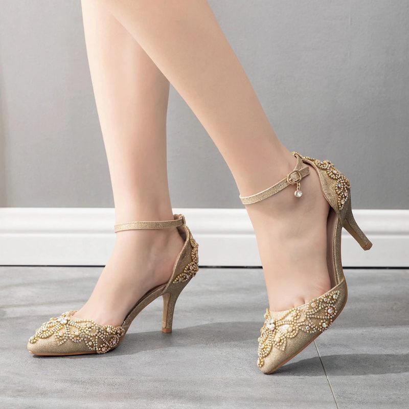 Kvinder Sko Bryllup Brude Glitter Fetish Stiletto Rhinestone Guld Pumps - Guld