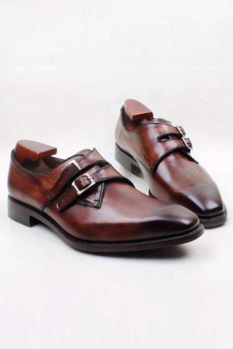 Brown Double Monk Straps Spænde Ægte Kalveskind Åndbar Ydersål Herre Sko