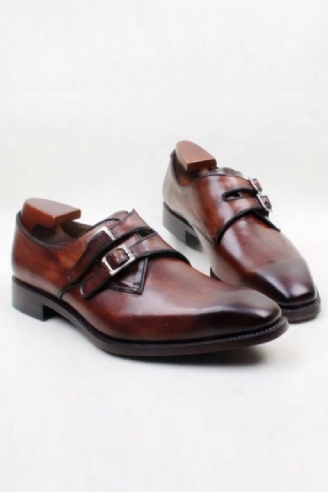 Brown Double Monk Straps Spænde Ægte Kalveskind Åndbar Ydersål Herre Sko