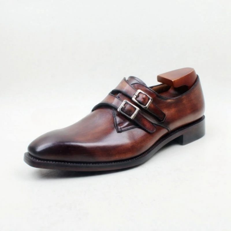 Brown Double Monk Straps Spænde Ægte Kalveskind Åndbar Ydersål Herre Sko - Brun