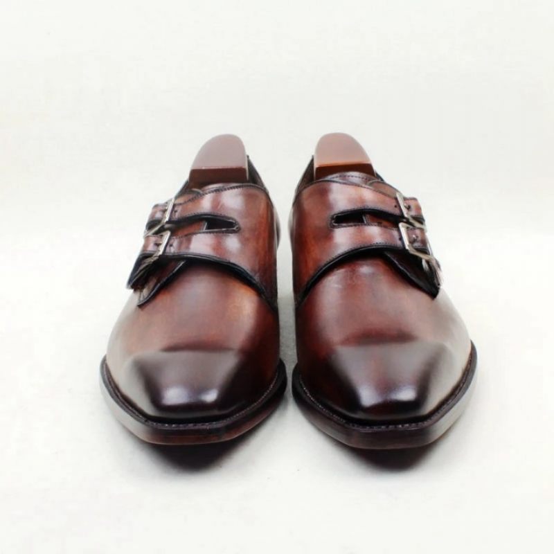 Brown Double Monk Straps Spænde Ægte Kalveskind Åndbar Ydersål Herre Sko - Brun