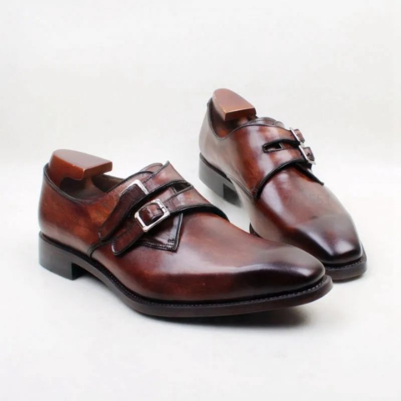 Brown Double Monk Straps Spænde Ægte Kalveskind Åndbar Ydersål Herre Sko - Brun