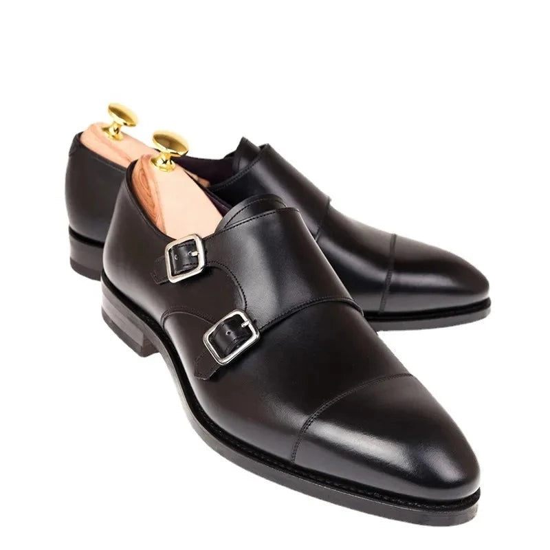 Dobbelt Monk Strap Luksus Mænd Sko Ægte Læder Håndlavet Designer Business Dress Sko Til Original - Sort