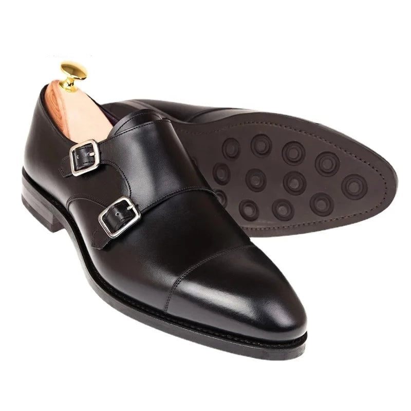 Dobbelt Monk Strap Luksus Mænd Sko Ægte Læder Håndlavet Designer Business Dress Sko Til Original - Sort