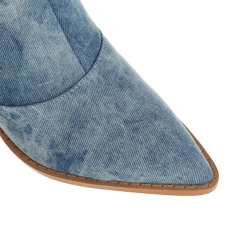 Denim Western Kvinder Knæhøje Støvler Kiler Højhælede Cowboystøvler Slip On Efterår Vinter Kvindesko - Blå