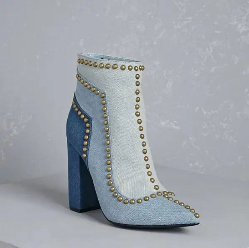 Golden Line Nitter Denim Ankelstøvler Med Spidse Tåer Dame Chunky Heel Støvler Ryglynlås - Blå