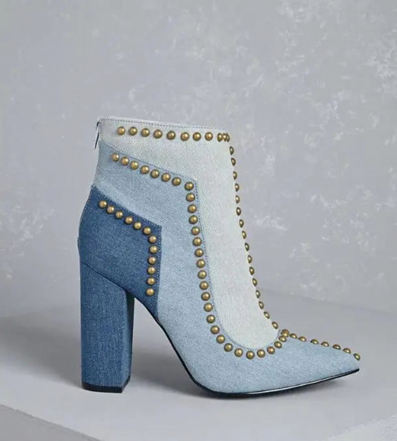 Golden Line Nitter Denim Ankelstøvler Med Spidse Tåer Dame Chunky Heel Støvler Ryglynlås - Blå