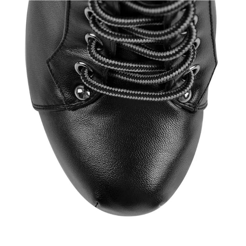 Kvinder Platform Rund Toe Højhælet Blok Chunky Lace Up Booties Party Combat Ankelstøvler - Sort