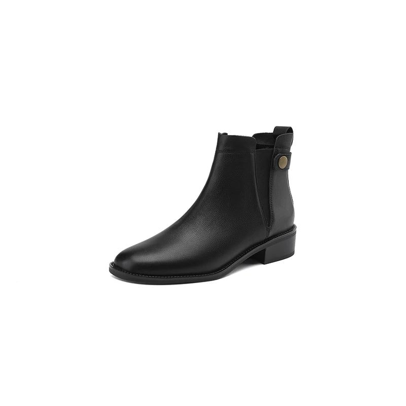 Vinter Damestøvler Chelsea Boots Rund Toe Damesko Ægte Læder Ankelstøvler Retro Brun - Sort