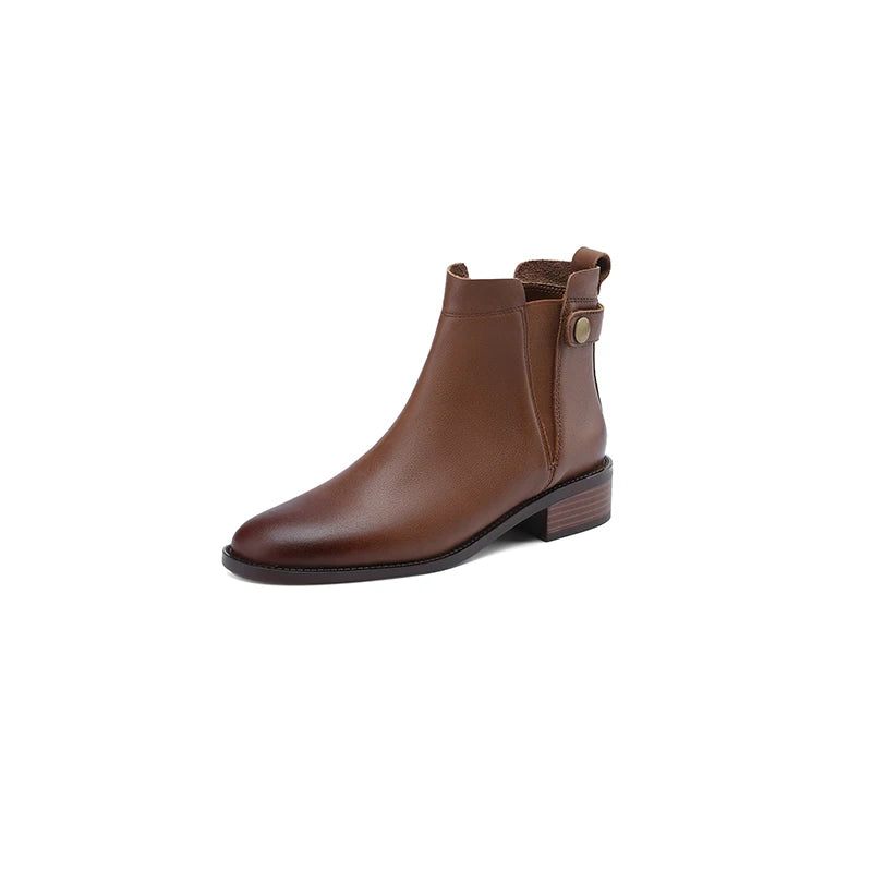 Vinter Damestøvler Chelsea Boots Rund Toe Damesko Ægte Læder Ankelstøvler Retro Brun - Sort