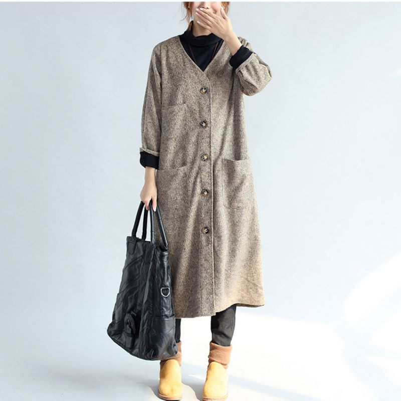 2024 Vintage Lommer Kaki Bomuld Lange Cardigans Oversize Langærmede Trenchcoats - Dame trenchcoats