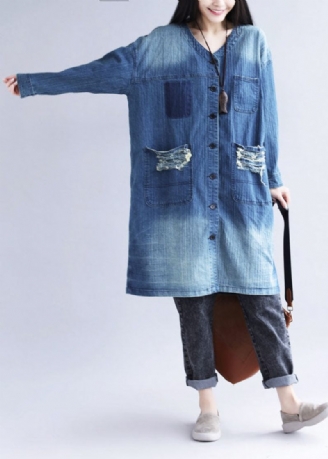 Afslappet Blå V-hals Rippede Lommer Print Bomuld Denim Trench Spring