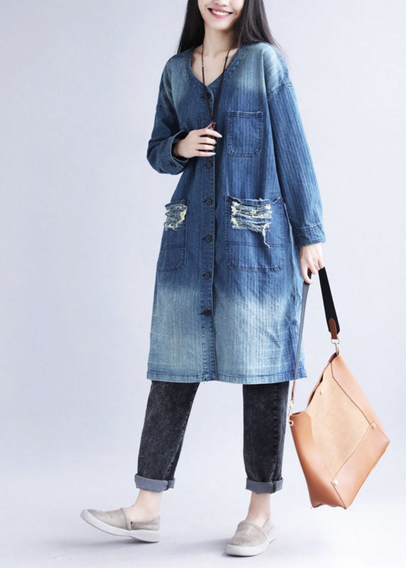 Afslappet Blå V-hals Rippede Lommer Print Bomuld Denim Trench Spring - Dame trenchcoats