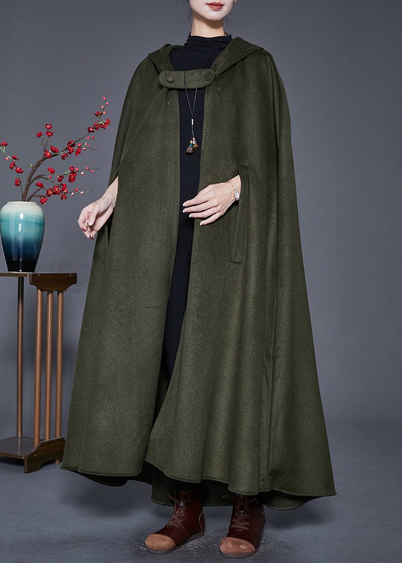 Army Green Løse Uldne Trench Coats Hættekappe Ærmer - Dame trenchcoats