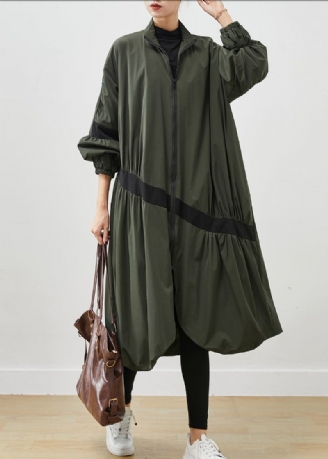 Army Green Patchwork Trench Asymmetrisk Rynket Fjeder