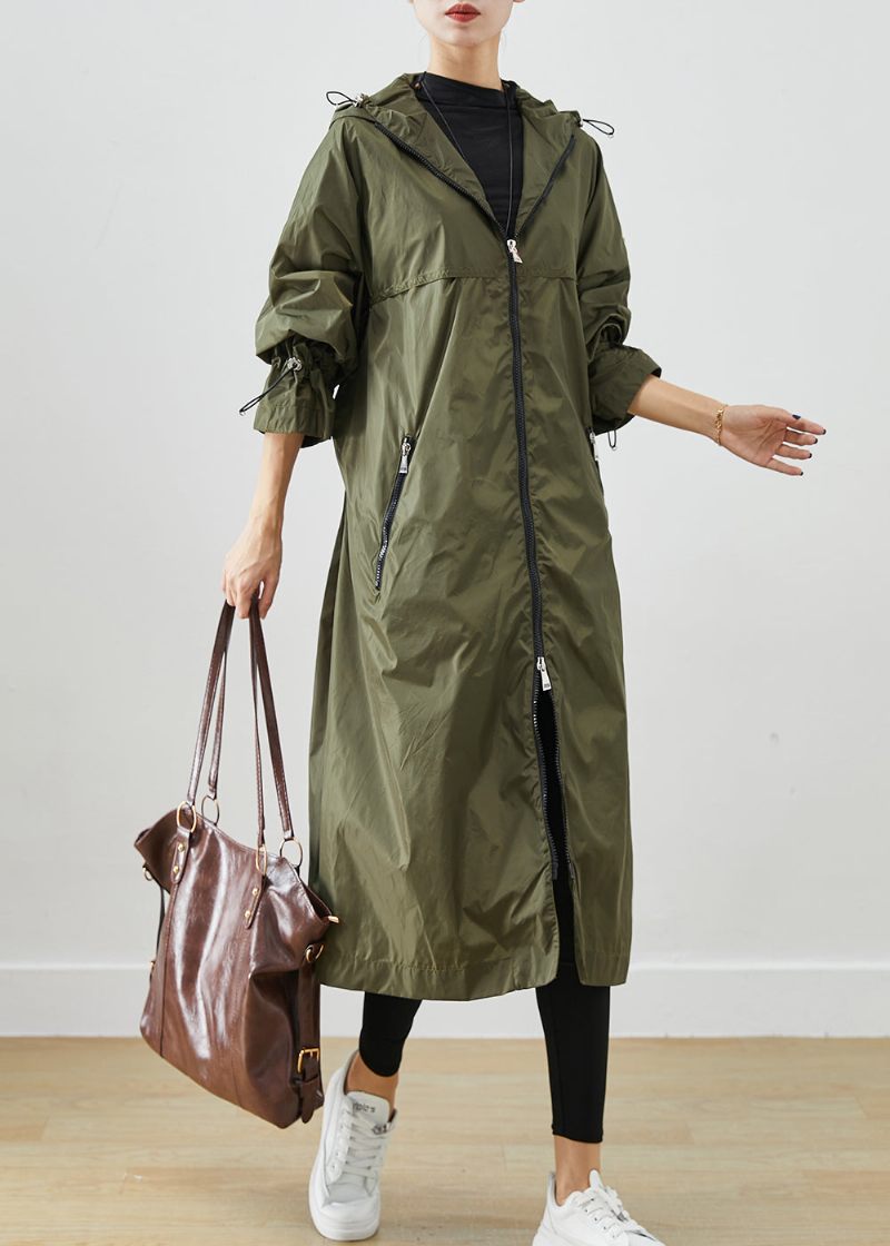 Army Green Spandex Trench Cinched Drawstring Fall - Dame trenchcoats