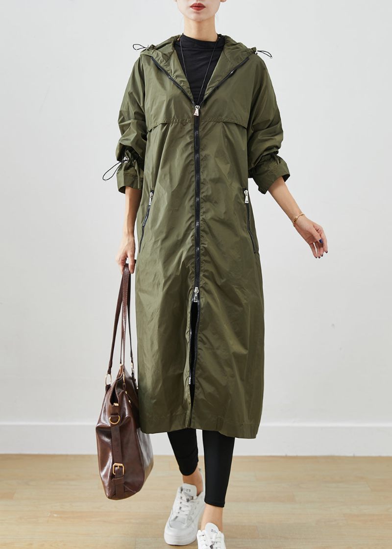 Army Green Spandex Trench Cinched Drawstring Fall - Dame trenchcoats