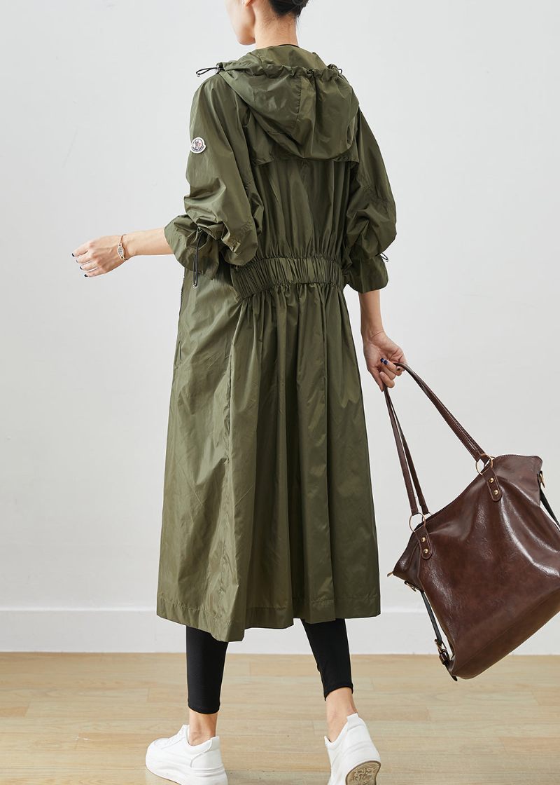 Army Green Spandex Trench Cinched Drawstring Fall - Dame trenchcoats