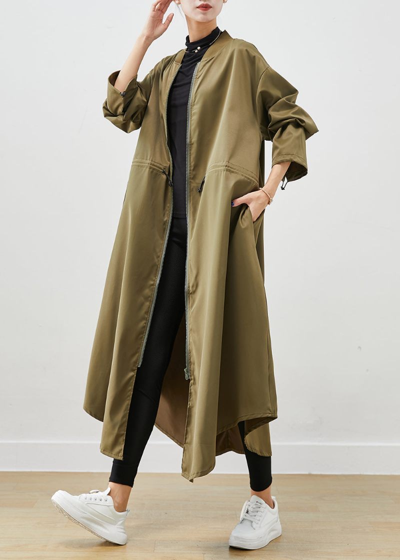 Army Green Spandex Trench Coats Zip Up Snøre Efterår