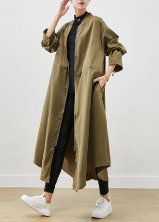 Army Green Spandex Trench Coats Zip Up Snøre Efterår