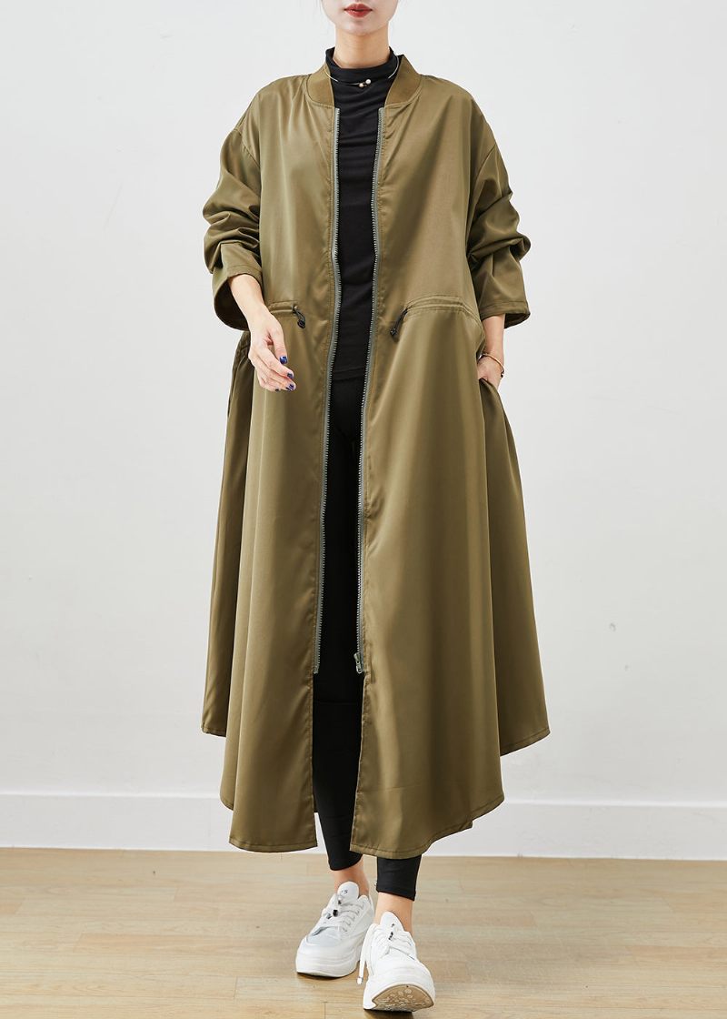 Army Green Spandex Trench Coats Zip Up Snøre Efterår - Dame trenchcoats