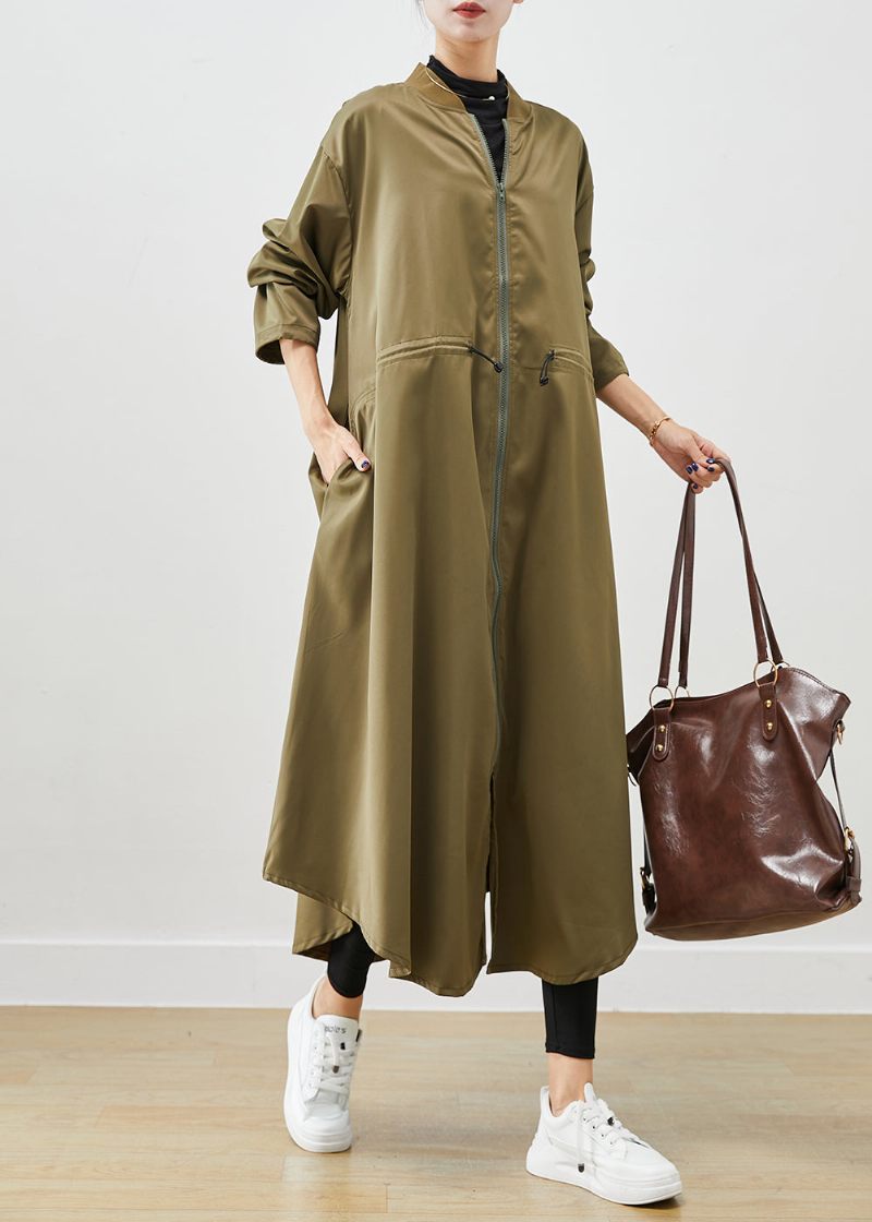 Army Green Spandex Trench Coats Zip Up Snøre Efterår - Dame trenchcoats