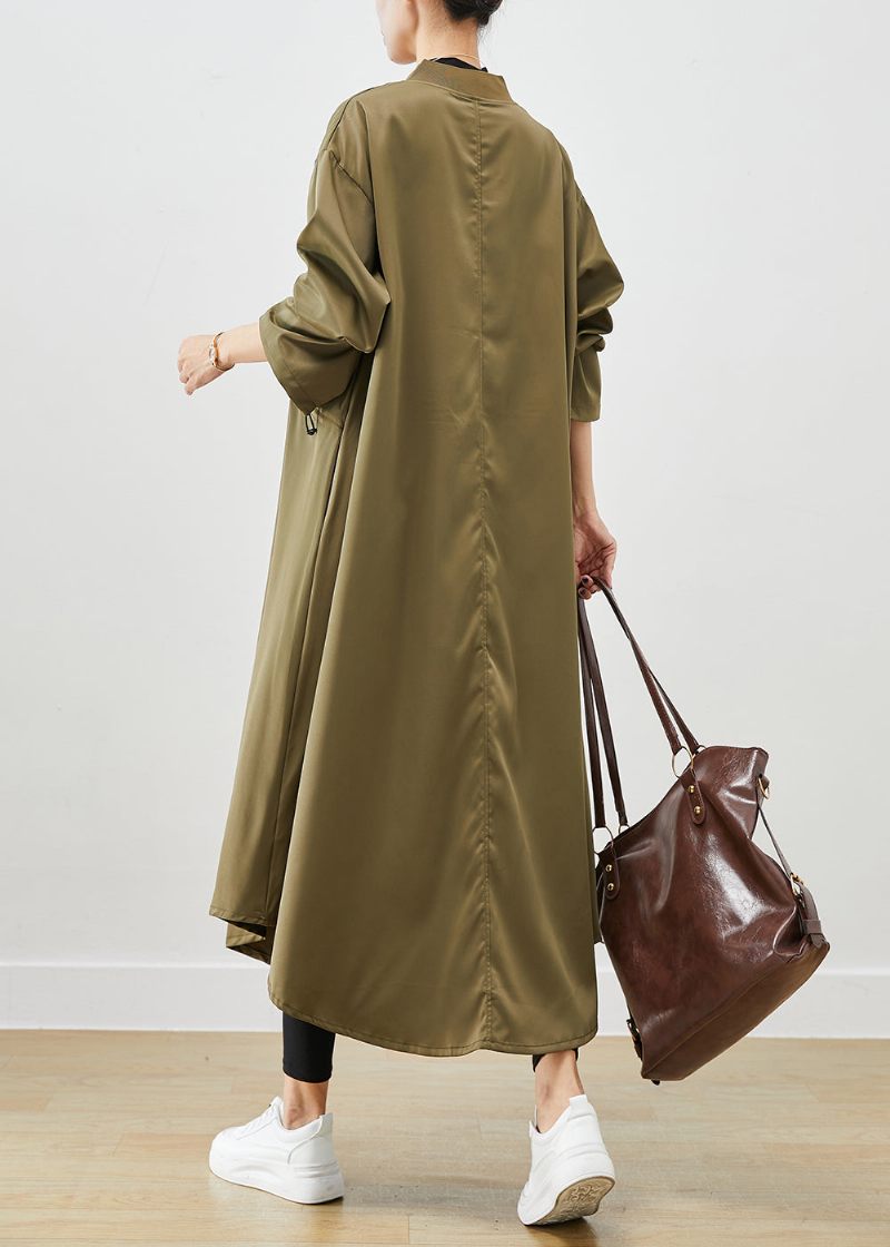 Army Green Spandex Trench Coats Zip Up Snøre Efterår - Dame trenchcoats