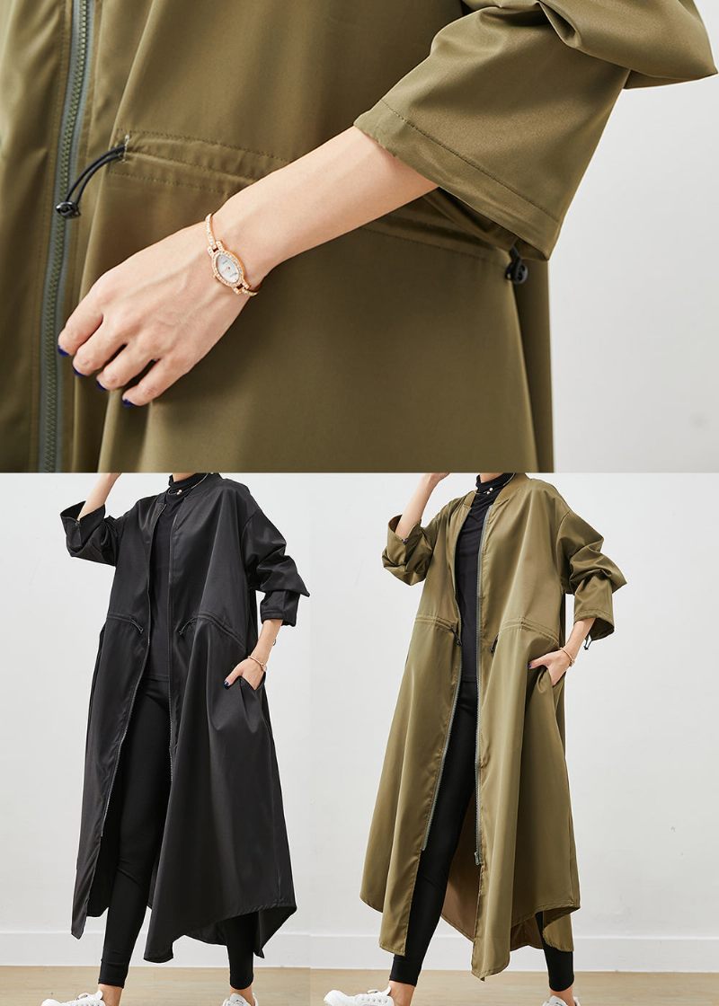 Army Green Spandex Trench Coats Zip Up Snøre Efterår - Dame trenchcoats