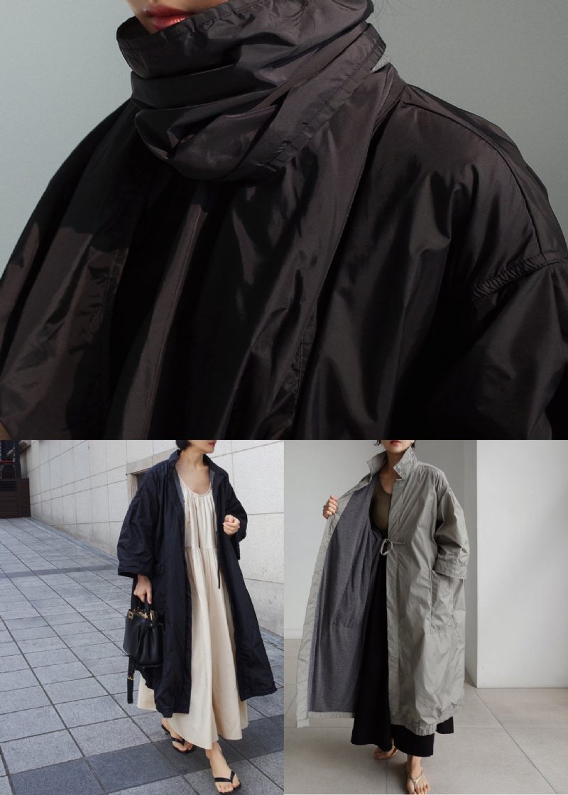 Art Black Peter Pan Kravelommer Trench Coats Langærmet - Sort