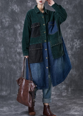 Art Blackish Green Rivet Patchwork Corduroy Fin Bomuld Fyldt Frakke Vinter