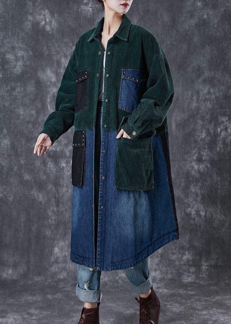 Art Blackish Green Rivet Patchwork Corduroy Fin Bomuld Fyldt Frakke Vinter - Dame trenchcoats