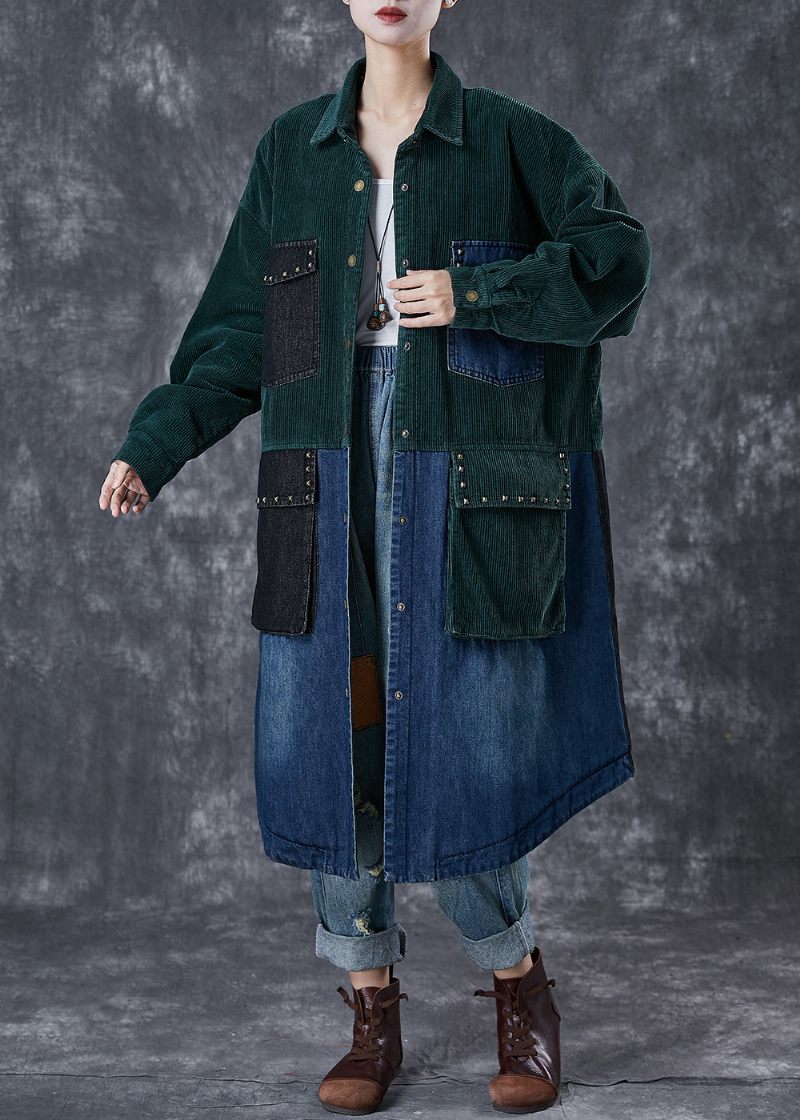 Art Blackish Green Rivet Patchwork Corduroy Fin Bomuld Fyldt Frakke Vinter - Dame trenchcoats